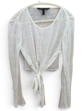 BCBGMAXAZRIA Karsyn Linen Blend‎ Tie Front Top White Sheer Coastal Small
